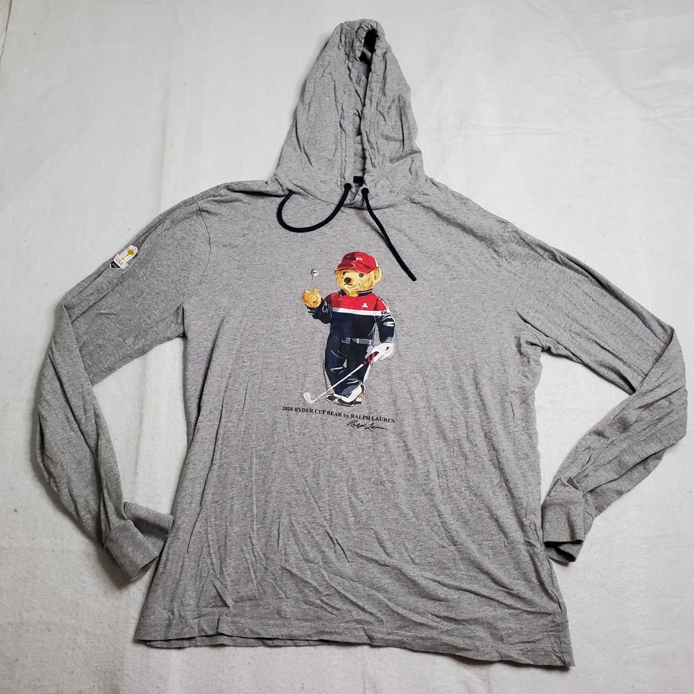 Polo Golf Ralph Lauren Mens Hoodie Grey Ryder Cup Bear Graphic Size M